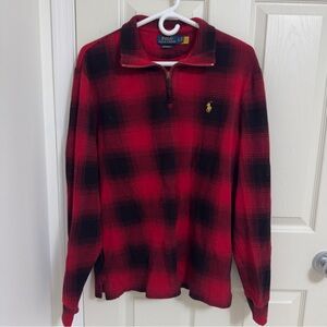 Large Ralph Lauren Red and Black Plaid Quarter Zip - 100% Cotton